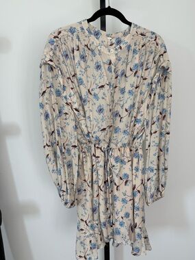 Free People Cream Floral Long-Sleeve Tie-Waist Dress with Blue Blooms Buttondown